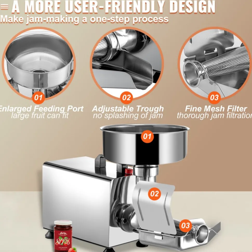 VEVOR 110V Electric Tomato Strainer 370W Commercial Grade Tomato Milling Machine Stainless Steel Tomato Press and Strainer 90-160 Kg/H Pure Copper Motor Food Strainer and Sauce Maker