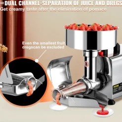 VEVOR 110V Electric Tomato Strainer 370W Commercial Grade Tomato Milling Machine Stainless Steel Tomato Press and Strainer 90-160 Kg/H Pure Copper Motor Food Strainer and Sauce Maker