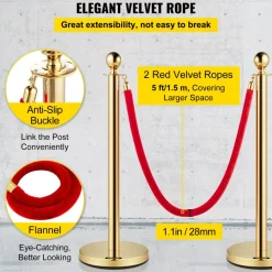 VEVOR Velvet Ropes and Posts, 5 ft/1.5 m Red Rope, Stainless Steel Gold Stanchion with Ball Top, Red Crowd Control Barrier Used for Theaters, Party, Wedding, Exhibition, Ticket Offices 4 packSets