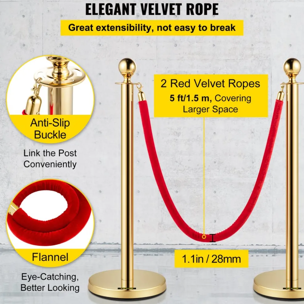 VEVOR Velvet Ropes and Posts, 5 ft/1.5 m Red Rope, Stainless Steel Gold Stanchion with Ball Top, Red Crowd Control Barrier Used for Theaters, Party, Wedding, Exhibition, Ticket Offices 4 packSets