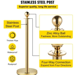 VEVOR Velvet Ropes and Posts, 5 ft/1.5 m Red Rope, Stainless Steel Gold Stanchion with Ball Top, Red Crowd Control Barrier Used for Theaters, Party, Wedding, Exhibition, Ticket Offices 4 packSets
