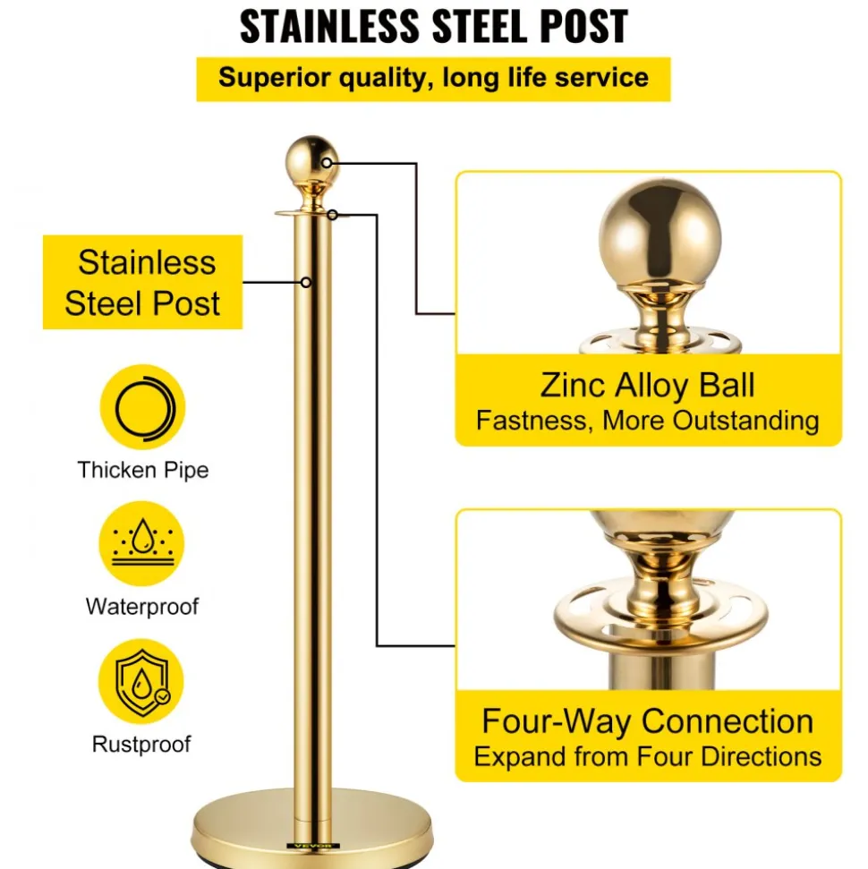 VEVOR Velvet Ropes and Posts, 5 ft/1.5 m Red Rope, Stainless Steel Gold Stanchion with Ball Top, Red Crowd Control Barrier Used for Theaters, Party, Wedding, Exhibition, Ticket Offices 4 packSets