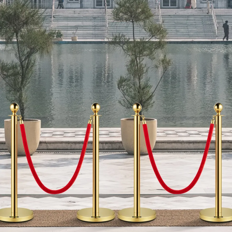 VEVOR Velvet Ropes and Posts, 5 ft/1.5 m Red Rope, Stainless Steel Gold Stanchion with Ball Top, Red Crowd Control Barrier Used for Theaters, Party, Wedding, Exhibition, Ticket Offices 4 packSets