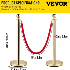 VEVOR Velvet Ropes and Posts, 5 ft/1.5 m Red Rope, Stainless Steel Gold Stanchion with Ball Top, Red Crowd Control Barrier Used for Theaters, Party, Wedding, Exhibition, Ticket Offices 4 packSets