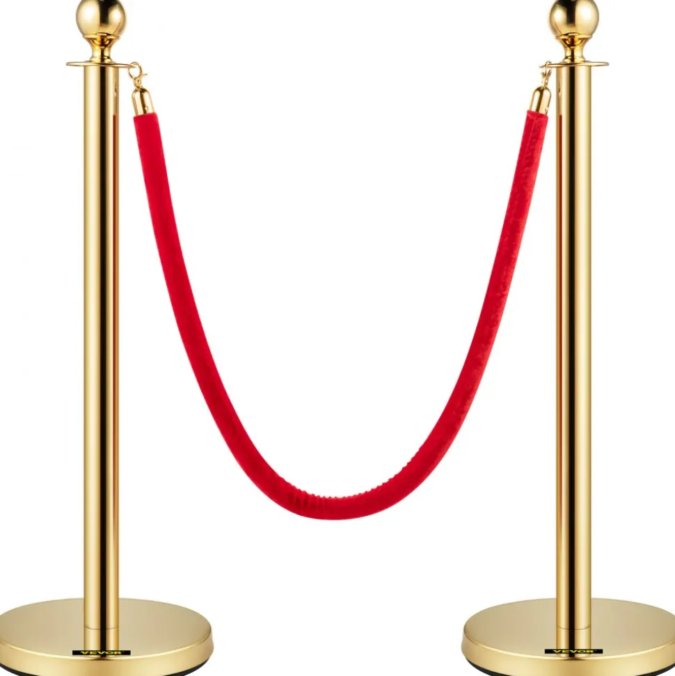 VEVOR Velvet Ropes and Posts, 5 ft/1.5 m Red Rope, Stainless Steel Gold Stanchion with Ball Top, Red Crowd Control Barrier Used for Theaters, Party, Wedding, Exhibition, Ticket Offices 4 packSets