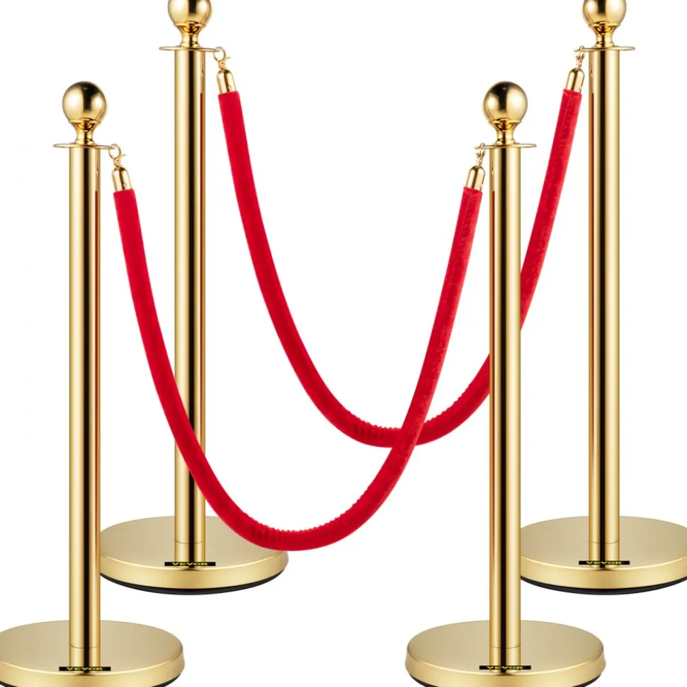VEVOR Velvet Ropes and Posts, 5 ft/1.5 m Red Rope, Stainless Steel Gold Stanchion with Ball Top, Red Crowd Control Barrier Used for Theaters, Party, Wedding, Exhibition, Ticket Offices 4 packSets
