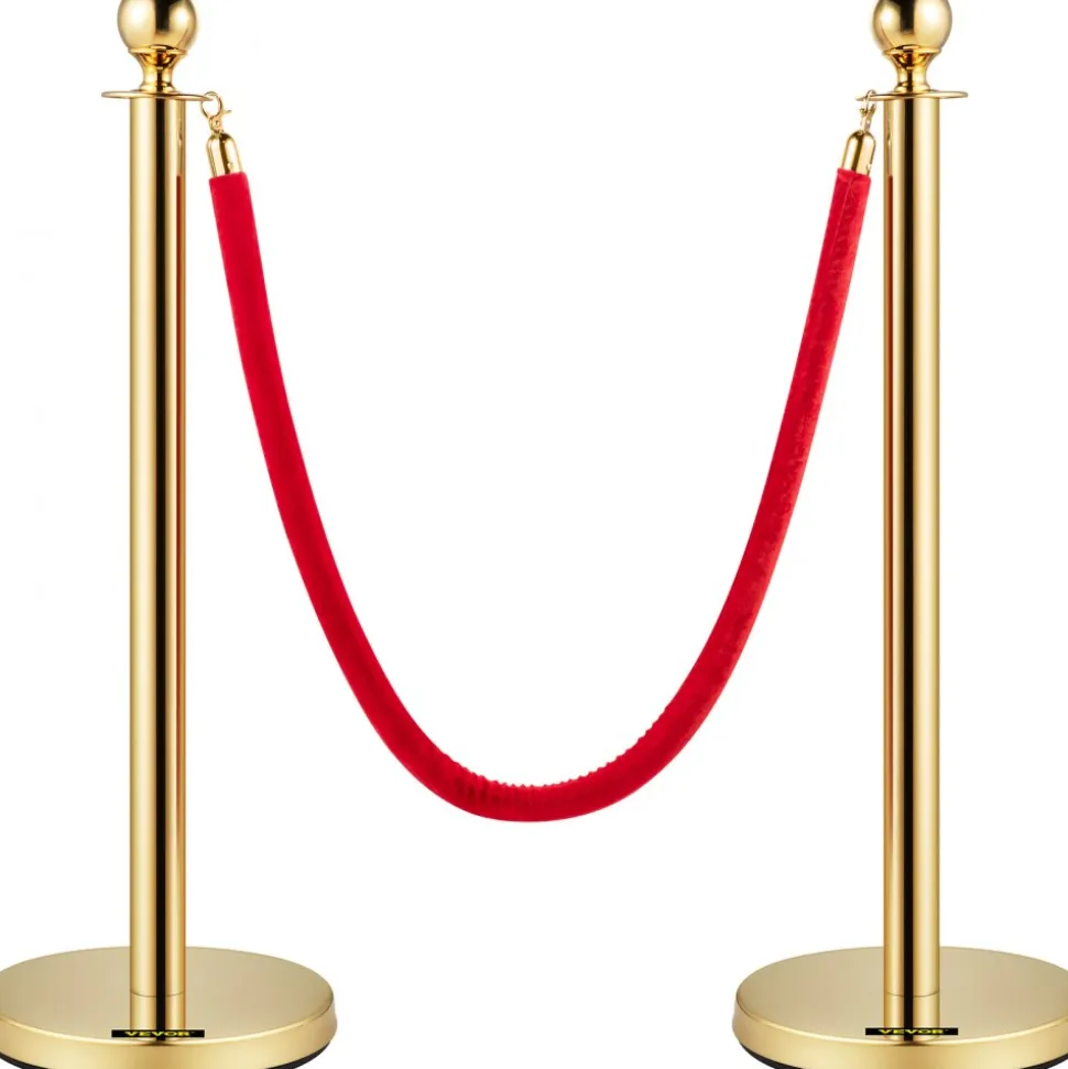VEVOR Velvet Ropes and Posts, 5 ft/1.5 m Red Rope, Stainless Steel Gold Stanchion with Ball Top, Red Crowd Control Barrier Used for Theaters, Party, Wedding, Exhibition, Ticket Offices 2 Pack Sets