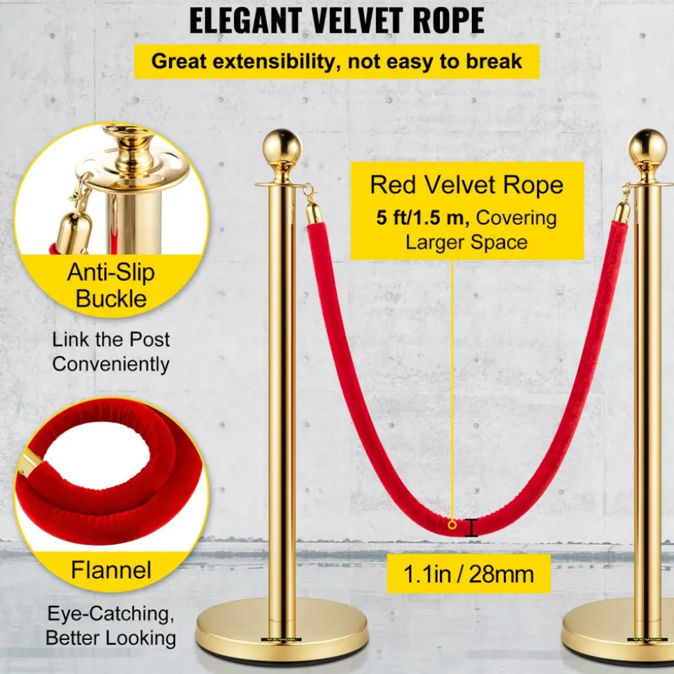 VEVOR Velvet Ropes and Posts, 5 ft/1.5 m Red Rope, Stainless Steel Gold Stanchion with Ball Top, Red Crowd Control Barrier Used for Theaters, Party, Wedding, Exhibition, Ticket Offices 2 Pack Sets