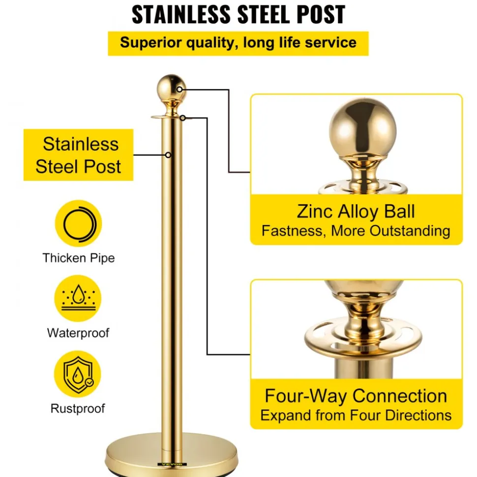 VEVOR Velvet Ropes and Posts, 5 ft/1.5 m Red Rope, Stainless Steel Gold Stanchion with Ball Top, Red Crowd Control Barrier Used for Theaters, Party, Wedding, Exhibition, Ticket Offices 2 Pack Sets