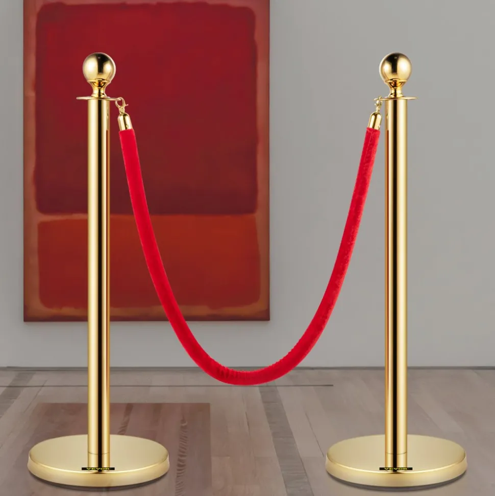VEVOR Velvet Ropes and Posts, 5 ft/1.5 m Red Rope, Stainless Steel Gold Stanchion with Ball Top, Red Crowd Control Barrier Used for Theaters, Party, Wedding, Exhibition, Ticket Offices 2 Pack Sets