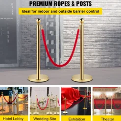 VEVOR Velvet Ropes and Posts, 5 ft/1.5 m Red Rope, Stainless Steel Gold Stanchion with Ball Top, Red Crowd Control Barrier Used for Theaters, Party, Wedding, Exhibition, Ticket Offices 2 Pack Sets