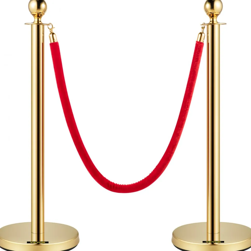 VEVOR Velvet Ropes and Posts, 5 ft/1.5 m Red Rope, Stainless Steel Gold Stanchion with Ball Top, Red Crowd Control Barrier Used for Theaters, Party, Wedding, Exhibition, Ticket Offices 2 Pack Sets