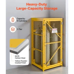 VEVOR Vertical Cylinder Storage Cabinet, 31"L x 30"W x 65"H, 9 Cylinder Capacity, Propane Storage Cage with Chain, Lock and Keys, Yellow Powder-Coated Carbon Steel, for Propane, Oxygen, Nitrogen