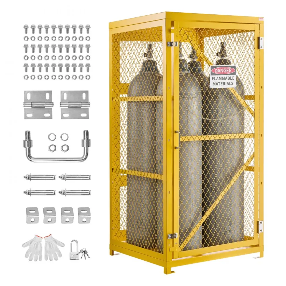 VEVOR Vertical Cylinder Storage Cabinet, 31"L x 30"W x 65"H, 9 Cylinder Capacity, Propane Storage Cage with Chain, Lock and Keys, Yellow Powder-Coated Carbon Steel, for Propane, Oxygen, Nitrogen