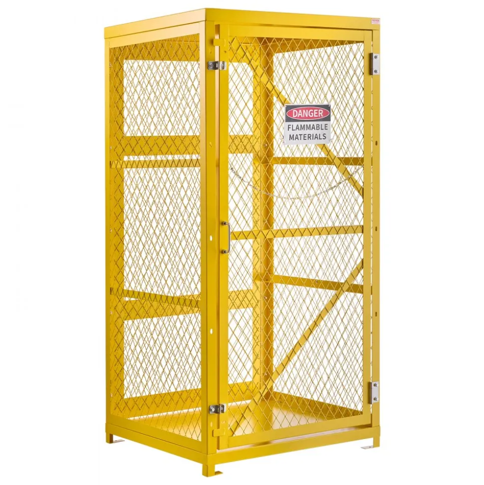 VEVOR Vertical Cylinder Storage Cabinet, 31"L x 30"W x 65"H, 9 Cylinder Capacity, Propane Storage Cage with Chain, Lock and Keys, Yellow Powder-Coated Carbon Steel, for Propane, Oxygen, Nitrogen