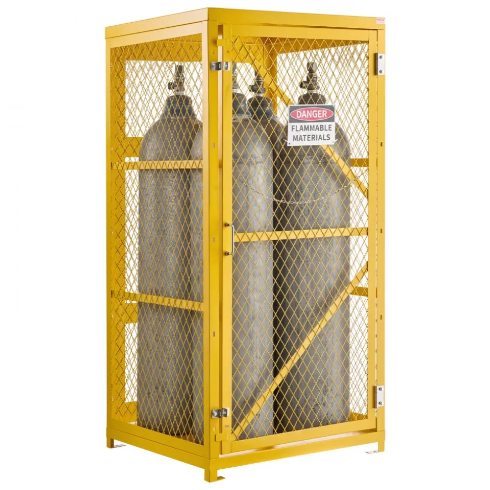 VEVOR Vertical Cylinder Storage Cabinet, 31"L x 30"W x 65"H, 9 Cylinder Capacity, Propane Storage Cage with Chain, Lock and Keys, Yellow Powder-Coated Carbon Steel, for Propane, Oxygen, Nitrogen