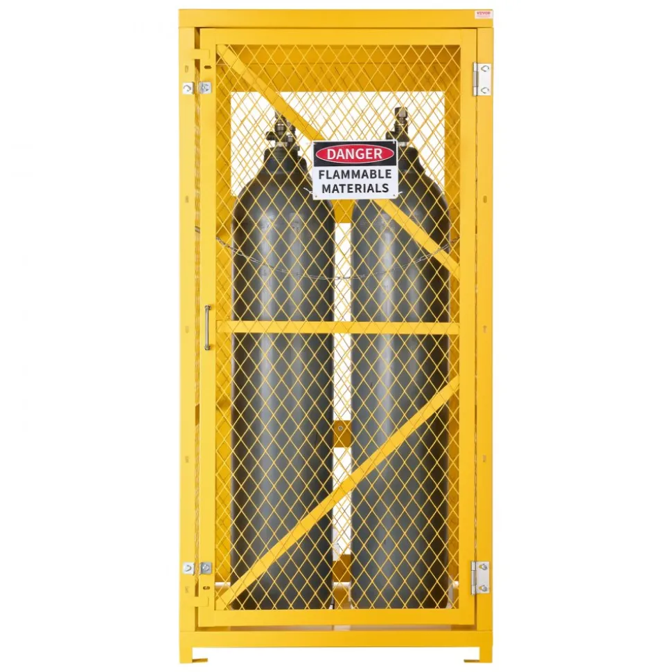 VEVOR Vertical Cylinder Storage Cabinet, 31"L x 30"W x 65"H, 9 Cylinder Capacity, Propane Storage Cage with Chain, Lock and Keys, Yellow Powder-Coated Carbon Steel, for Propane, Oxygen, Nitrogen