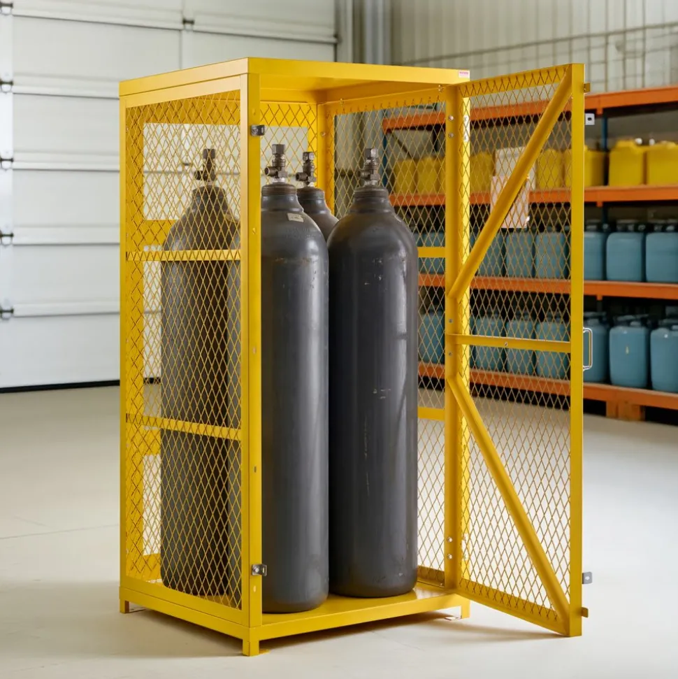 VEVOR Vertical Cylinder Storage Cabinet, 31"L x 30"W x 65"H, 9 Cylinder Capacity, Propane Storage Cage with Chain, Lock and Keys, Yellow Powder-Coated Carbon Steel, for Propane, Oxygen, Nitrogen