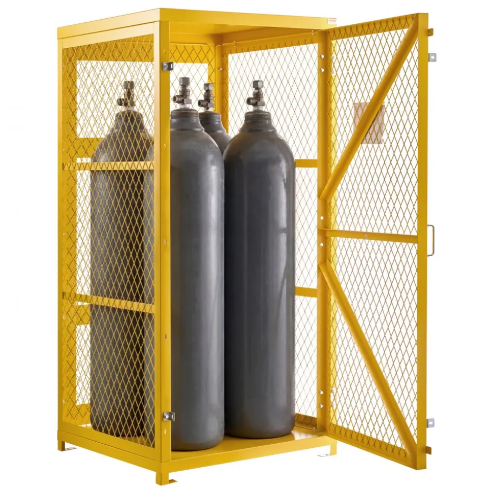 VEVOR Vertical Cylinder Storage Cabinet, 31"L x 30"W x 65"H, 9 Cylinder Capacity, Propane Storage Cage with Chain, Lock and Keys, Yellow Powder-Coated Carbon Steel, for Propane, Oxygen, Nitrogen