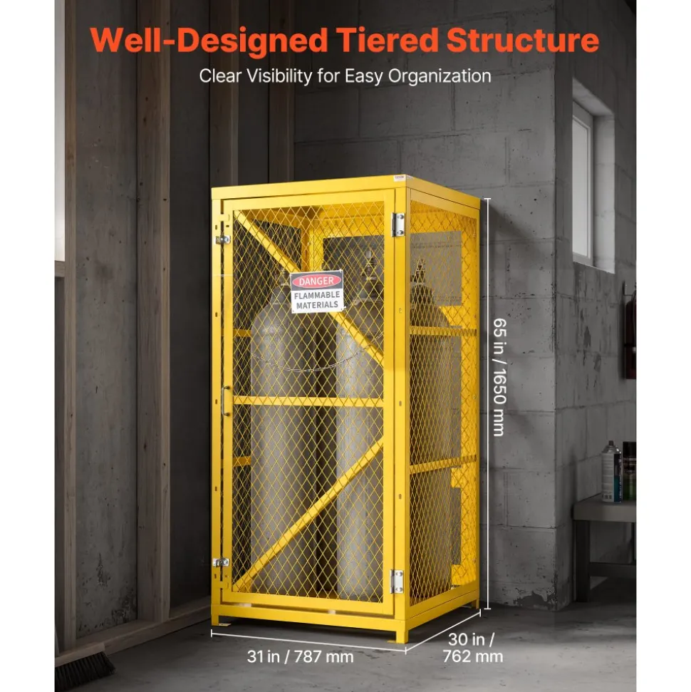 VEVOR Vertical Cylinder Storage Cabinet, 31"L x 30"W x 65"H, 9 Cylinder Capacity, Propane Storage Cage with Chain, Lock and Keys, Yellow Powder-Coated Carbon Steel, for Propane, Oxygen, Nitrogen