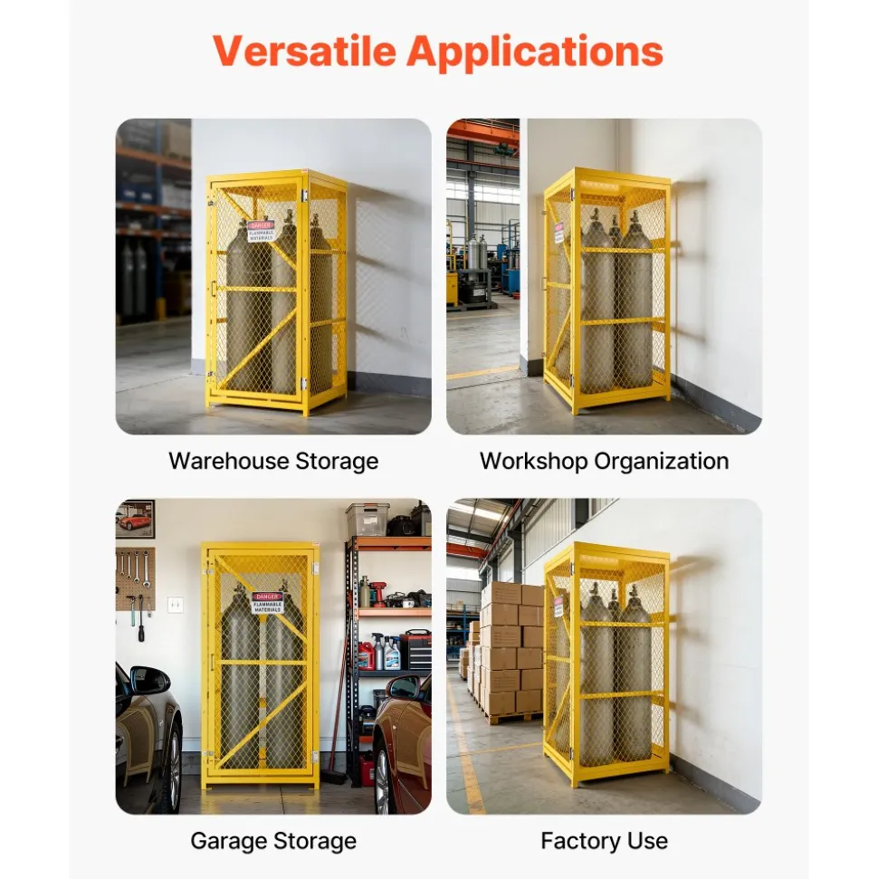 VEVOR Vertical Cylinder Storage Cabinet, 31"L x 30"W x 65"H, 9 Cylinder Capacity, Propane Storage Cage with Chain, Lock and Keys, Yellow Powder-Coated Carbon Steel, for Propane, Oxygen, Nitrogen