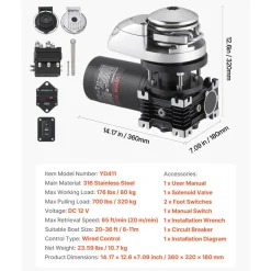 VEVOR Vertical Fishing Windlass, 12V DC 1100W, Windlass Anchor Systems Fit for 1/4-Inch Chain or 9/16 & 5/8 Inch Nylon Rope, Max Pull 700 lbs, 316 Stainless Steel Construction, for Boats 20-36 ft