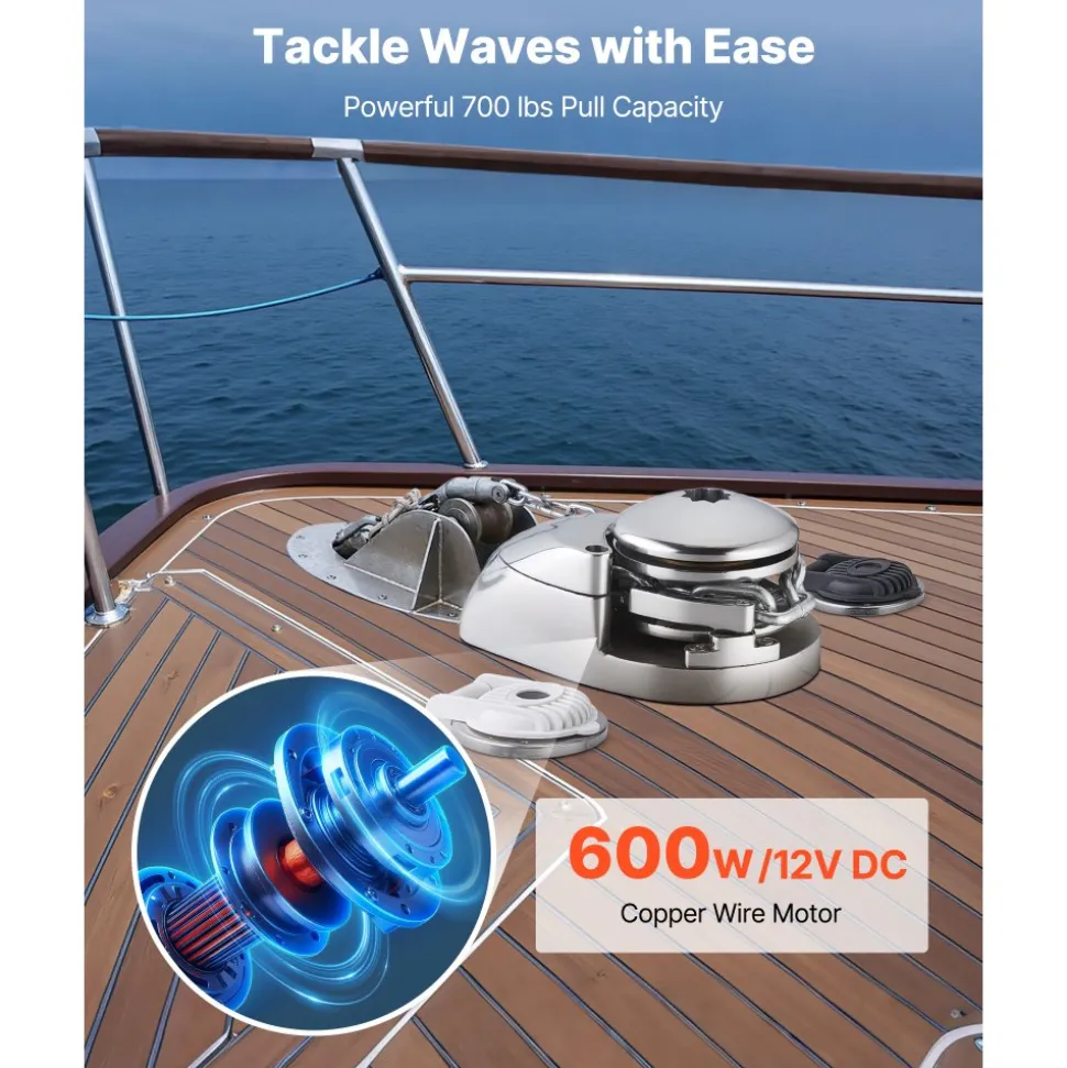 VEVOR Vertical Fishing Windlass, 12V DC 1100W, Windlass Anchor Systems Fit for 1/4-Inch Chain or 9/16 & 5/8 Inch Nylon Rope, Max Pull 700 lbs, 316 Stainless Steel Construction, for Boats 20-36 ft