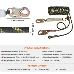 VEVOR Vertical Lifeline Assembly, 0.55'' x 25' Fall Protection Rope with 30 KN Breaking Tension, Polyester Roofing Rope with Steel Snap Hooks, Rope Grab, and Shock Absorber, ANSI Compliant