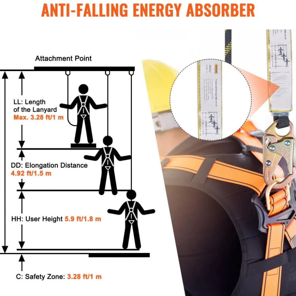 VEVOR Vertical Lifeline Assembly, 0.55'' x 100' Fall Protection Rope with 30 KN Breaking Tension, Polyester Roofing Rope with Steel Snap Hooks, Rope Grab, and Shock Absorber, ANSI Compliant