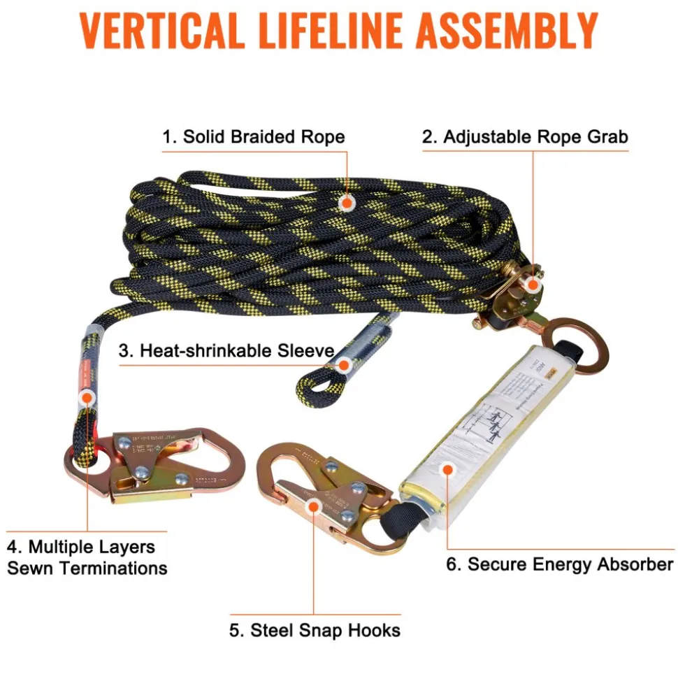 VEVOR Vertical Lifeline Assembly, 0.55'' x 100' Fall Protection Rope with 30 KN Breaking Tension, Polyester Roofing Rope with Steel Snap Hooks, Rope Grab, and Shock Absorber, ANSI Compliant