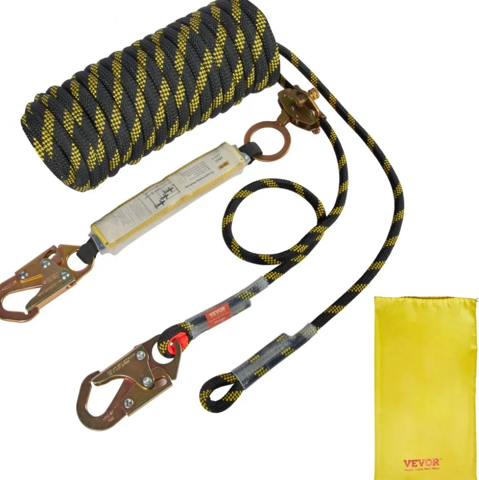 VEVOR Vertical Lifeline Assembly, 0.55'' x 100' Fall Protection Rope with 30 KN Breaking Tension, Polyester Roofing Rope with Steel Snap Hooks, Rope Grab, and Shock Absorber, ANSI Compliant