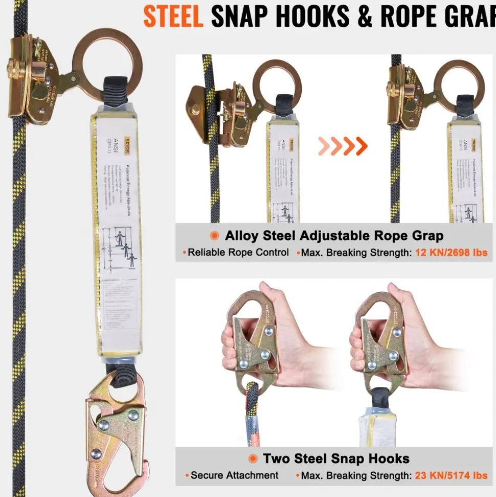 VEVOR Vertical Lifeline Assembly, 0.55'' x 100' Fall Protection Rope with 30 KN Breaking Tension, Polyester Roofing Rope with Steel Snap Hooks, Rope Grab, and Shock Absorber, ANSI Compliant