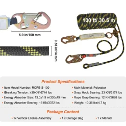 VEVOR Vertical Lifeline Assembly, 0.55'' x 100' Fall Protection Rope with 30 KN Breaking Tension, Polyester Roofing Rope with Steel Snap Hooks, Rope Grab, and Shock Absorber, ANSI Compliant