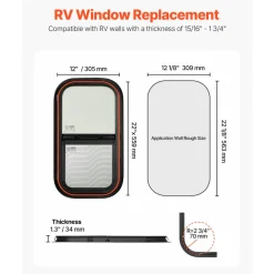VEVOR Vertical RV Window, 12" W x 22" H Tinted Sliding RV Window with Net Screen & Trim Ring, Fit 15/16" - 1 3/4" Thickness Wall, RV Window Replacement for Teardrop Cargo Trailer Camper, DOT Approved