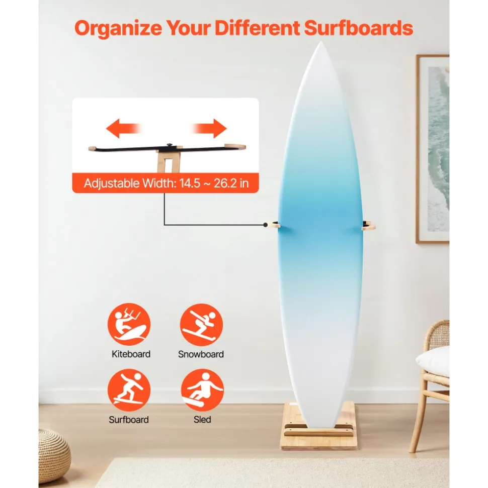 VEVOR Vertical Surfboard Stand, Wooden Surfboard Rack for Storage and Display, Adjustable & Freestanding Board Stand Organizer with Padding, for Wakeboards, Snowboards, Kiteboards, Shortboard, Skis