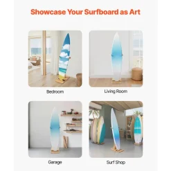 VEVOR Vertical Surfboard Stand, Wooden Surfboard Rack for Storage and Display, Adjustable & Freestanding Board Stand Organizer with Padding, for Wakeboards, Snowboards, Kiteboards, Shortboard, Skis