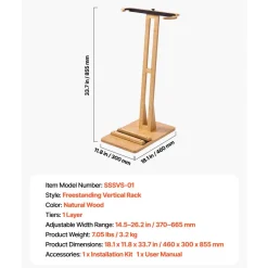 VEVOR Vertical Surfboard Stand, Wooden Surfboard Rack for Storage and Display, Adjustable & Freestanding Board Stand Organizer with Padding, for Wakeboards, Snowboards, Kiteboards, Shortboard, Skis