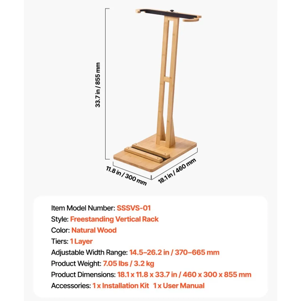 VEVOR Vertical Surfboard Stand, Wooden Surfboard Rack for Storage and Display, Adjustable & Freestanding Board Stand Organizer with Padding, for Wakeboards, Snowboards, Kiteboards, Shortboard, Skis