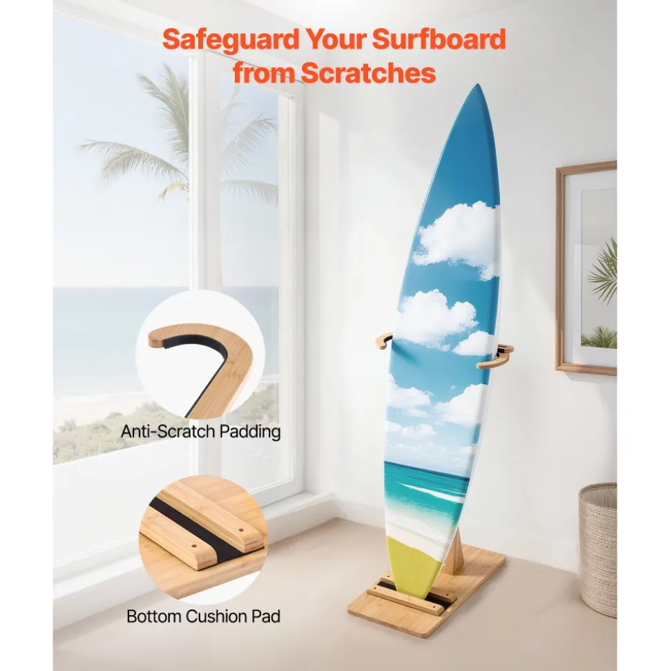 VEVOR Vertical Surfboard Stand, Wooden Surfboard Rack for Storage and Display, Adjustable & Freestanding Board Stand Organizer with Padding, for Wakeboards, Snowboards, Kiteboards, Shortboard, Skis