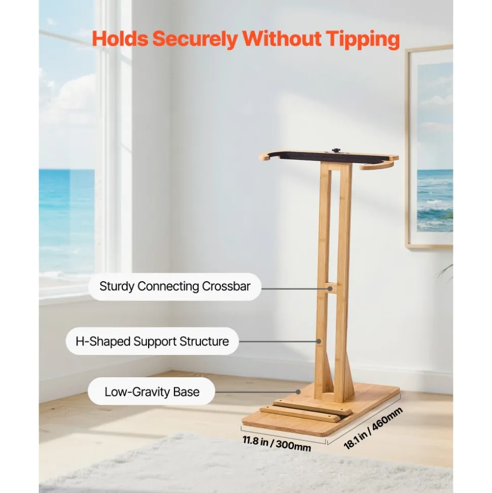 VEVOR Vertical Surfboard Stand, Wooden Surfboard Rack for Storage and Display, Adjustable & Freestanding Board Stand Organizer with Padding, for Wakeboards, Snowboards, Kiteboards, Shortboard, Skis