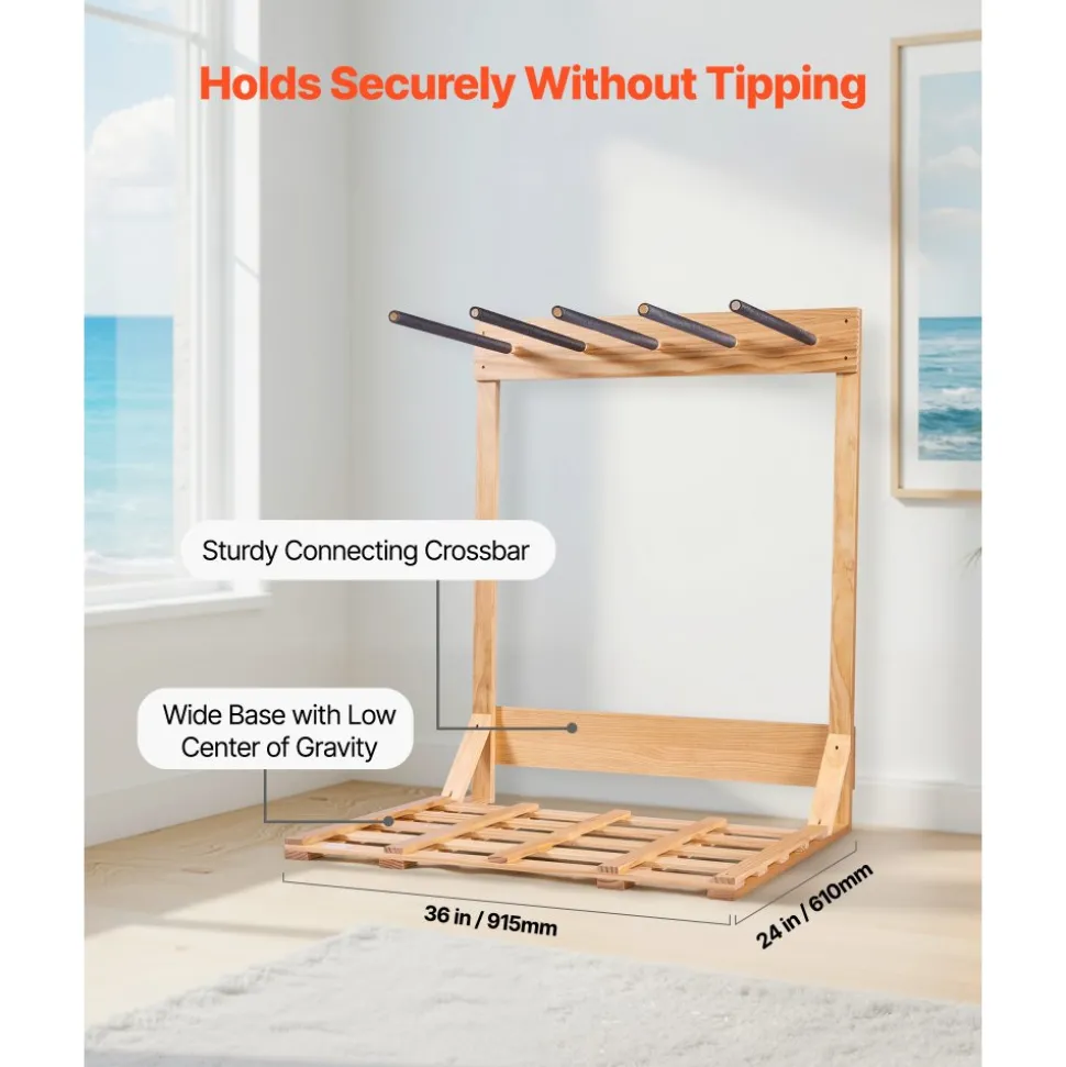 VEVOR Vertical Surfboard Stand, 4 Tiers Wooden Surfboard Rack for Storage and Display, Freestanding Board Stand Organizer, Surf Board Holder for Wakeboards, Snowboards, Kiteboards, Shortboard, Skis