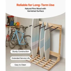 VEVOR Vertical Surfboard Stand, 4 Tiers Wooden Surfboard Rack for Storage and Display, Freestanding Board Stand Organizer, Surf Board Holder for Wakeboards, Snowboards, Kiteboards, Shortboard, Skis