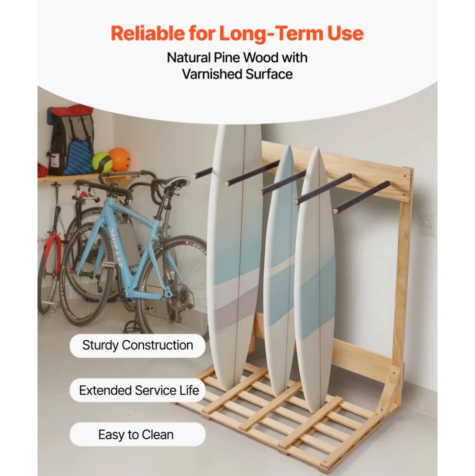 VEVOR Vertical Surfboard Stand, 4 Tiers Wooden Surfboard Rack for Storage and Display, Freestanding Board Stand Organizer, Surf Board Holder for Wakeboards, Snowboards, Kiteboards, Shortboard, Skis