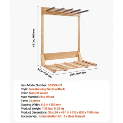 VEVOR Vertical Surfboard Stand, 4 Tiers Wooden Surfboard Rack for Storage and Display, Freestanding Board Stand Organizer, Surf Board Holder for Wakeboards, Snowboards, Kiteboards, Shortboard, Skis