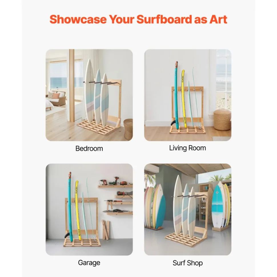 VEVOR Vertical Surfboard Stand, 4 Tiers Wooden Surfboard Rack for Storage and Display, Freestanding Board Stand Organizer, Surf Board Holder for Wakeboards, Snowboards, Kiteboards, Shortboard, Skis