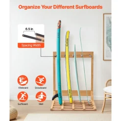 VEVOR Vertical Surfboard Stand, 4 Tiers Wooden Surfboard Rack for Storage and Display, Freestanding Board Stand Organizer, Surf Board Holder for Wakeboards, Snowboards, Kiteboards, Shortboard, Skis
