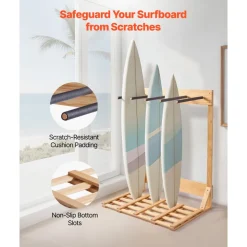 VEVOR Vertical Surfboard Stand, 4 Tiers Wooden Surfboard Rack for Storage and Display, Freestanding Board Stand Organizer, Surf Board Holder for Wakeboards, Snowboards, Kiteboards, Shortboard, Skis