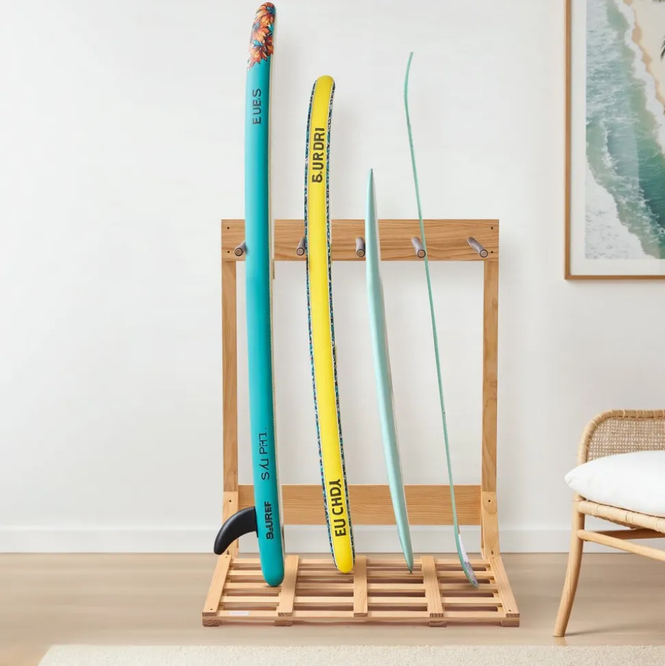 VEVOR Vertical Surfboard Stand, 4 Tiers Wooden Surfboard Rack for Storage and Display, Freestanding Board Stand Organizer, Surf Board Holder for Wakeboards, Snowboards, Kiteboards, Shortboard, Skis