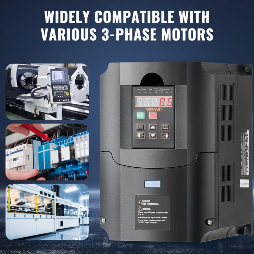 VEVOR VFD 10HP, 7.5KW, 35A, 1 or 3 Phase 220V Input to 3 Phase 220V Output Variable Frequency Drive, 40-60Hz Input, 0-400Hz Output VFD for Spindle Motor CNC Speed Control
