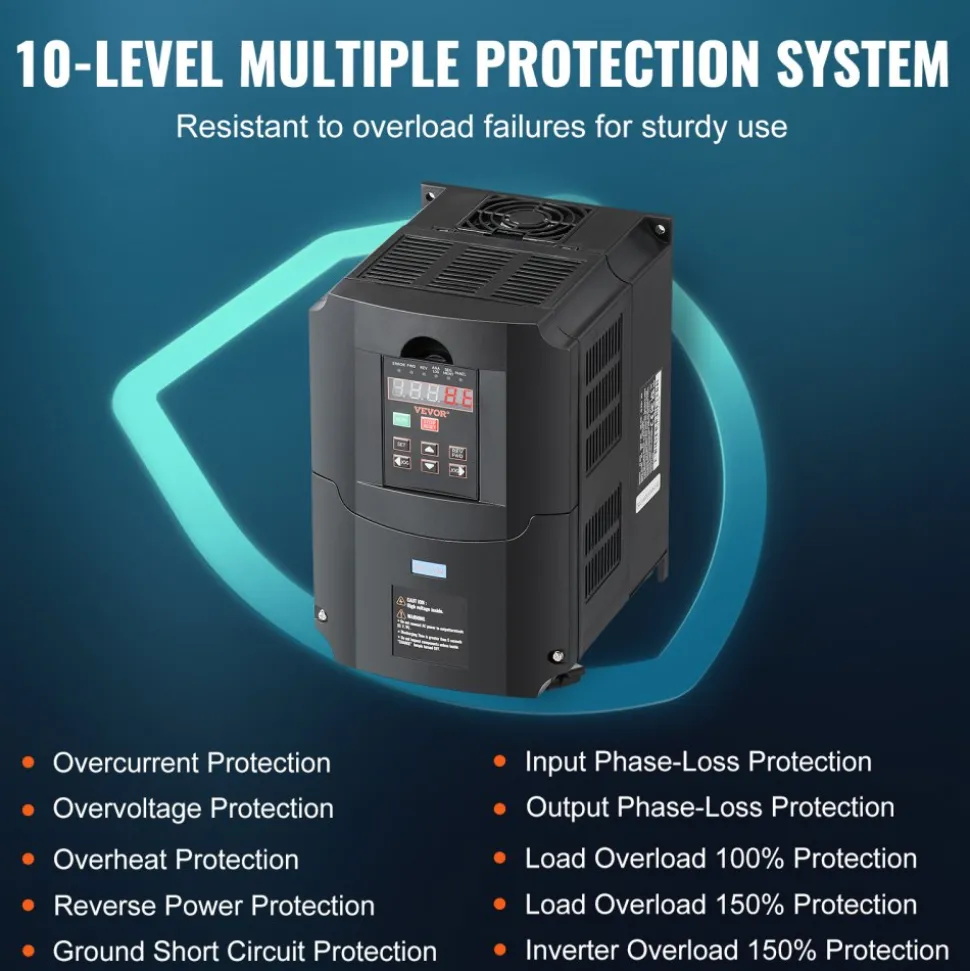 VEVOR VFD 10HP, 7.5KW, 35A, 1 or 3 Phase 220V Input to 3 Phase 220V Output Variable Frequency Drive, 40-60Hz Input, 0-400Hz Output VFD for Spindle Motor CNC Speed Control